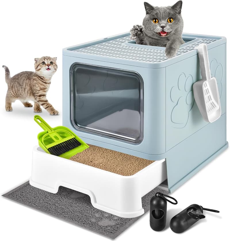 Extra Large Foldable Cat Litter Box with Lid & Mat