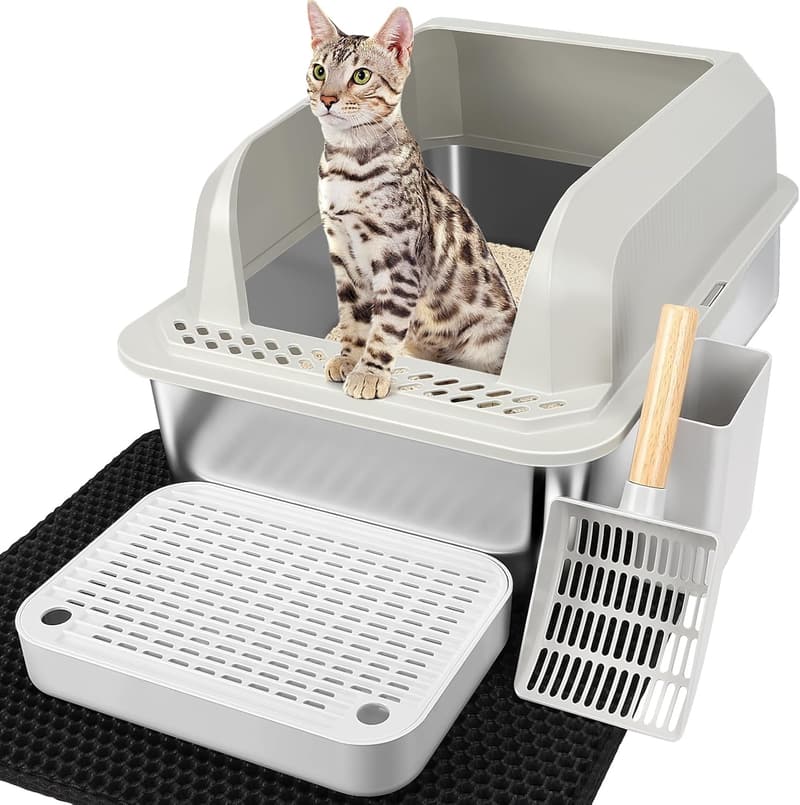 XL Stainless Steel Litter Box with Non-Stick High Sides & Mat