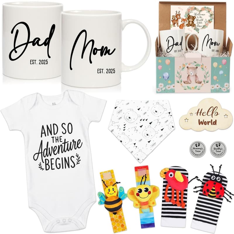 New Parents Gift Set: Mugs & Basket for Expecting Couples