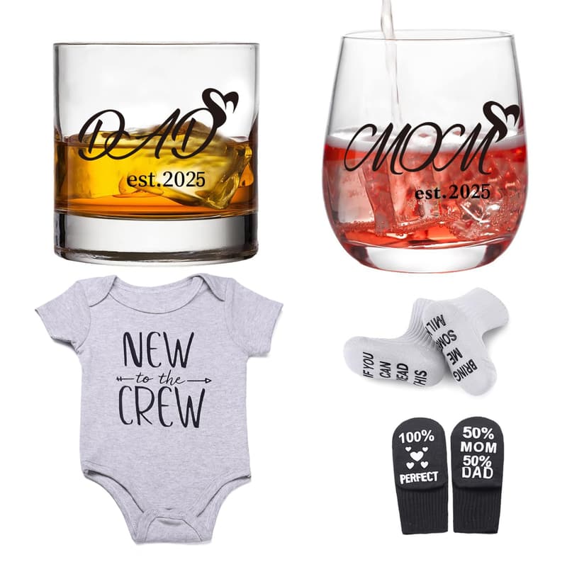 First Time Mom & Dad Est 2025 Whiskey Glass Gift Set with Romper & Socks