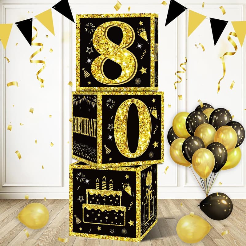 80th Birthday Black Gold Party Supplies Set for Men and Women