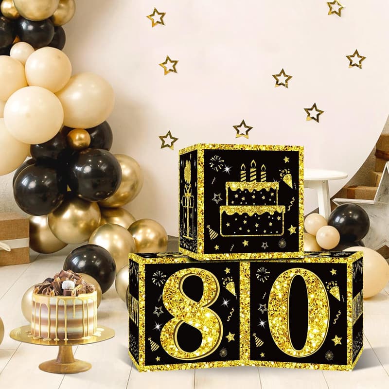 80th Birthday Black Gold Party Supplies Set for Men and Women