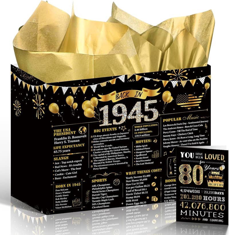 80th Birthday Gift Bag – Black Gold with Handles & Card