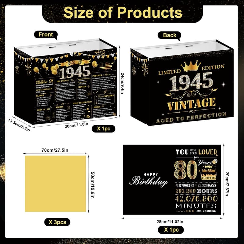 80th Birthday Gift Bag – Black Gold with Handles & Card