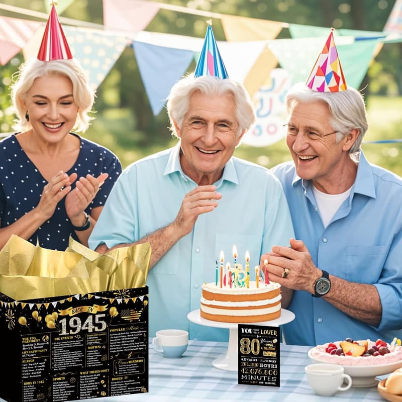 80th Birthday Gift Bag – Black Gold with Handles & Card