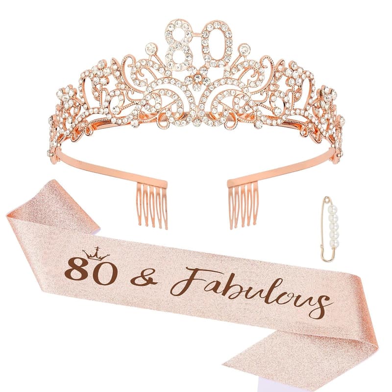 80th Birthday Rose Gold Tiara & Sash Decoration Set