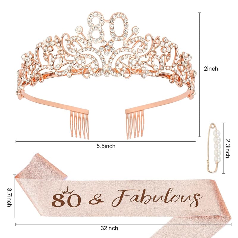 80th Birthday Rose Gold Tiara & Sash Decoration Set