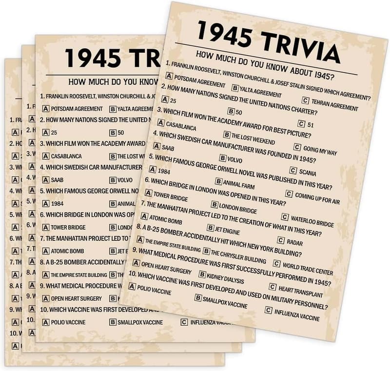1945 Trivia Game for 80th Birthday Party - Pack of 30 Cards