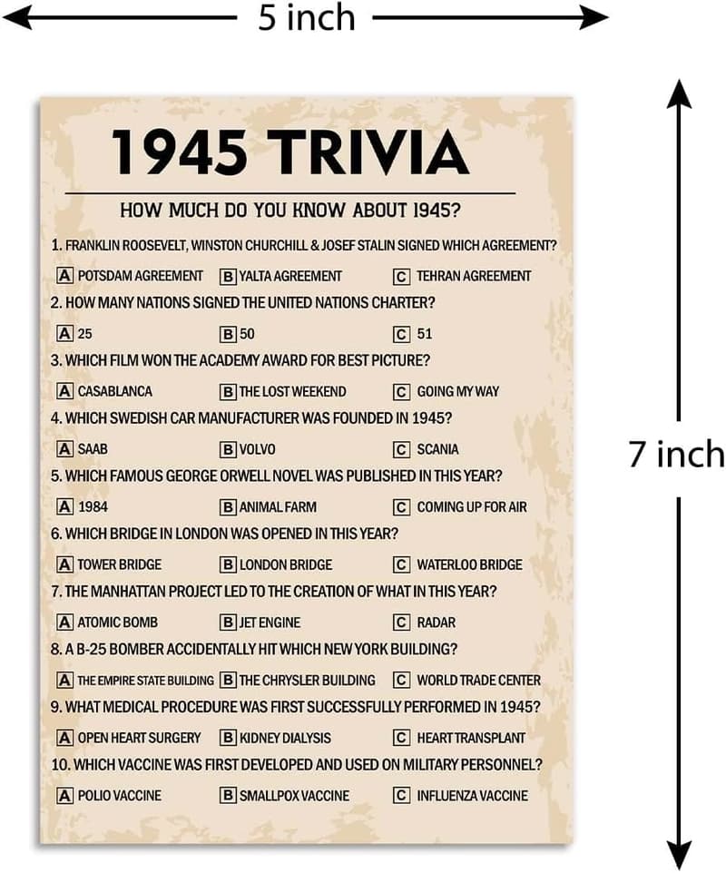 1945 Trivia Game for 80th Birthday Party - Pack of 30 Cards