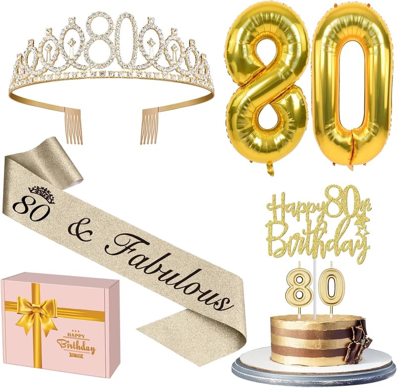 80th Birthday Decorations for Women - Gold Sash, Tiara, & Cake Topper
