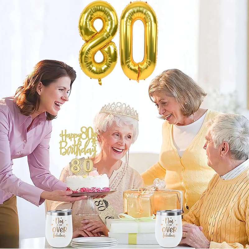80th Birthday Decorations for Women - Gold Sash, Tiara, & Cake Topper