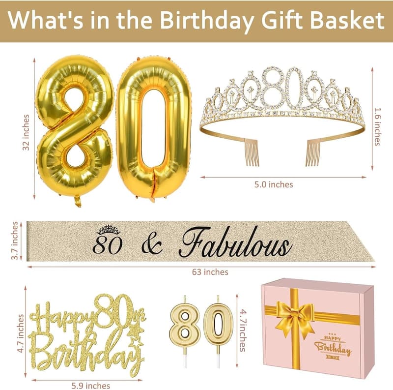 80th Birthday Decorations for Women - Gold Sash, Tiara, & Cake Topper