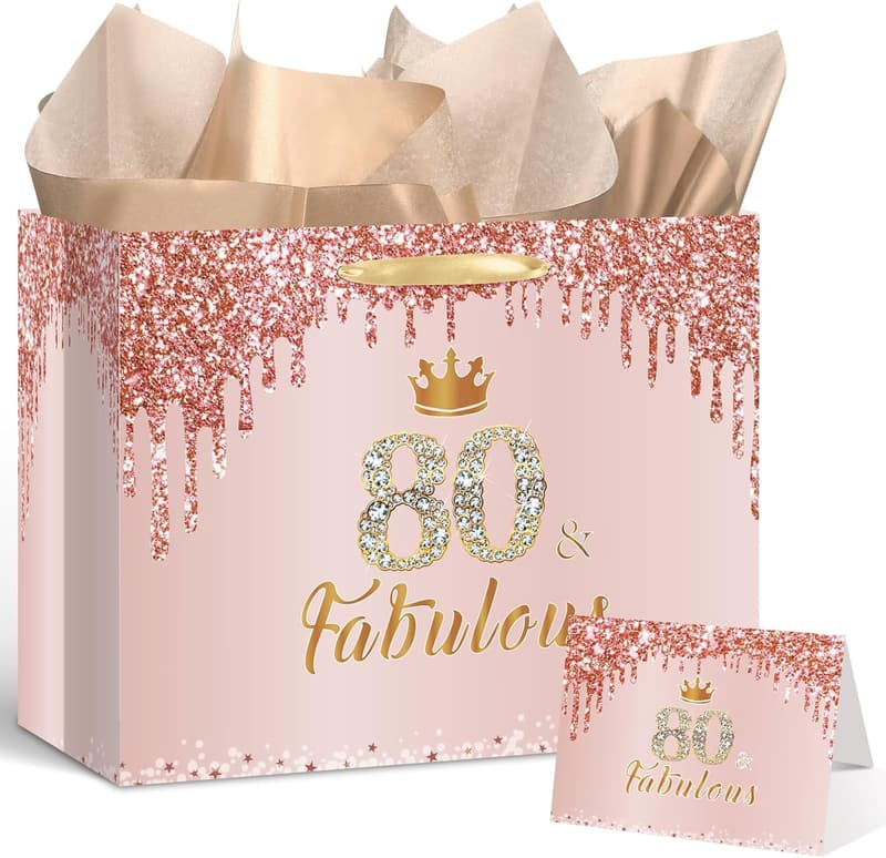 80th Birthday Gift Bag for Women - Rose Gold with Card & Wrapping Paper