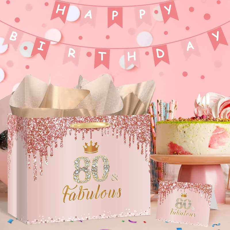 80th Birthday Gift Bag for Women - Rose Gold with Card & Wrapping Paper