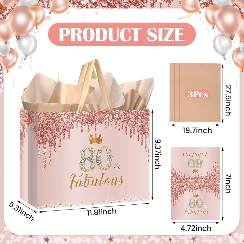 80th Birthday Gift Bag for Women - Rose Gold with Card & Wrapping Paper