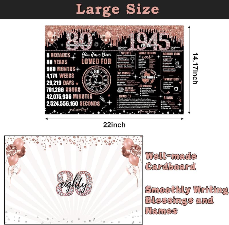 80th Birthday Jumbo Card for Women with Black Rose Gold Design