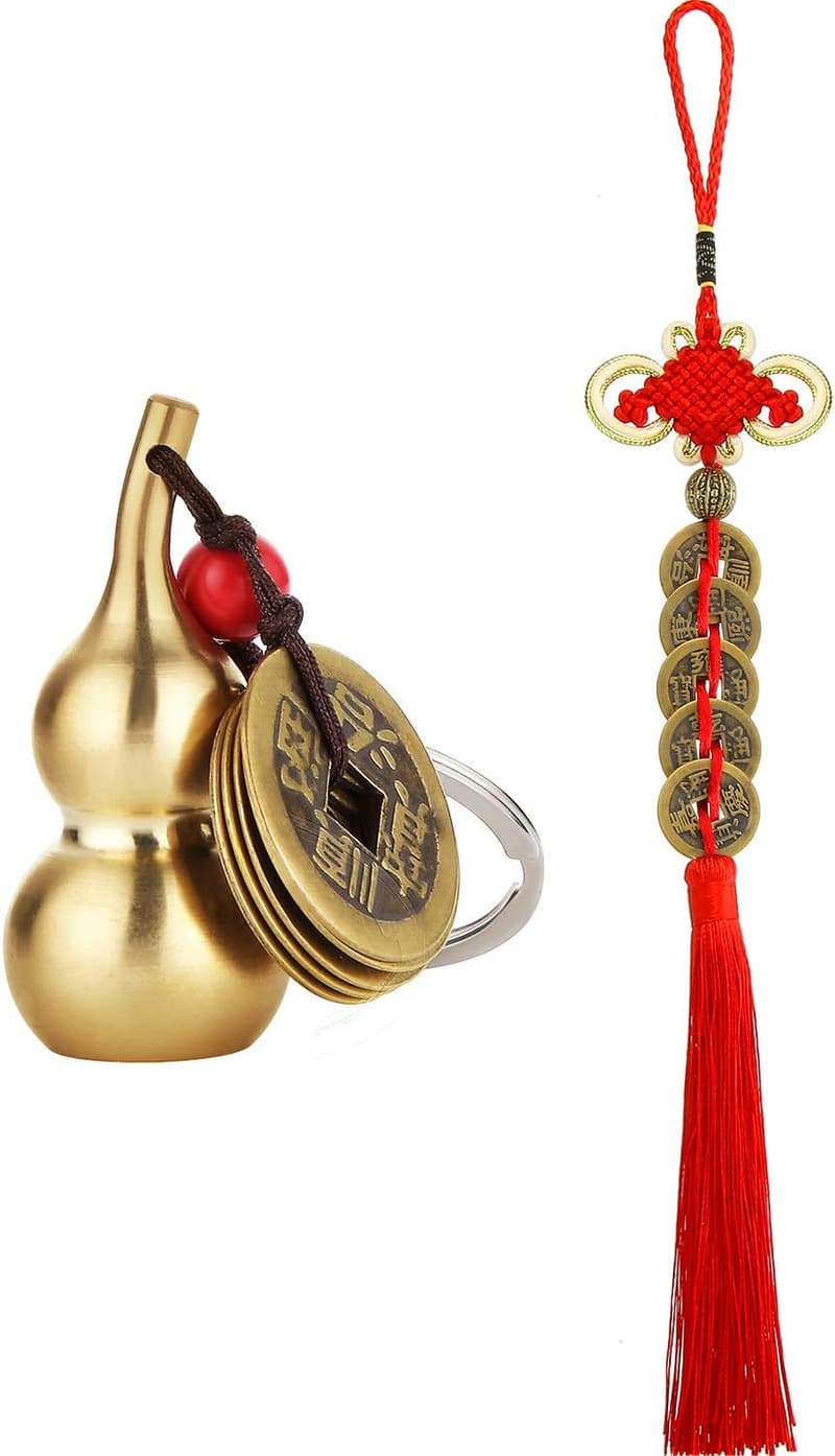 Brass Wu Lou Health Amulet Keychain with Chinese Coins for Luck