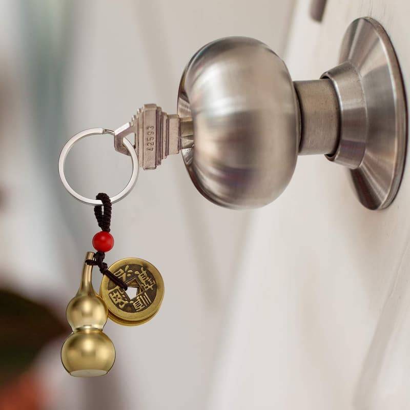 Brass Wu Lou Health Amulet Keychain with Chinese Coins for Luck