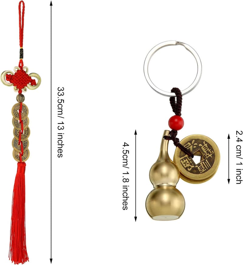 Brass Wu Lou Health Amulet Keychain with Chinese Coins for Luck
