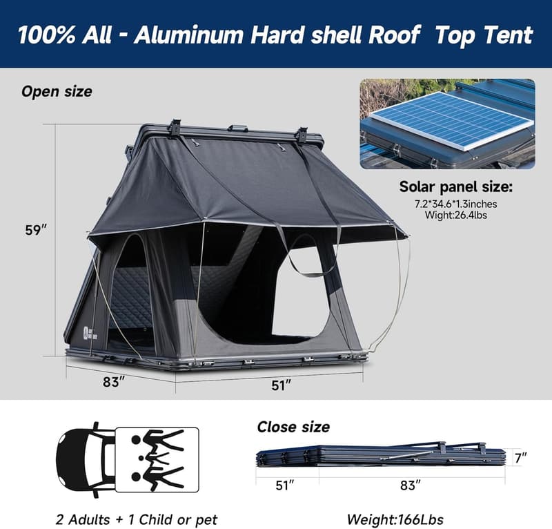 Hard Shell Rooftop Tent with Solar Panel for Jeep/SUV Camping