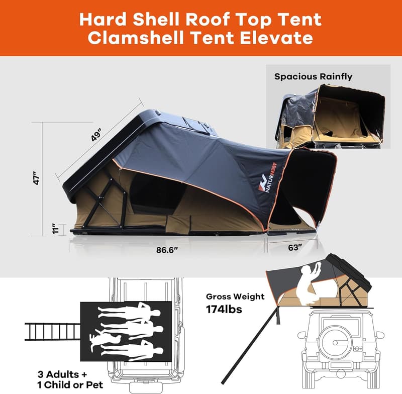 Hard Shell Rooftop Tent for 2-3 People - 4 Seasons Camping