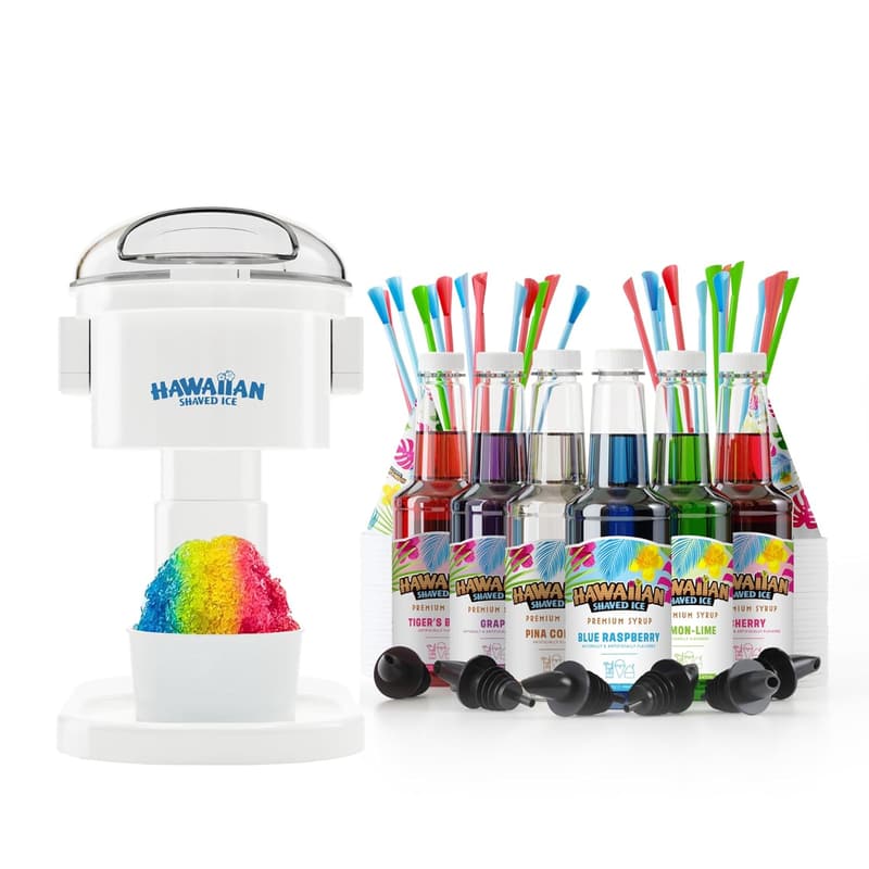 Hawaiian Shaved Ice Snow Cone Machine Kit with Syrups and Cups