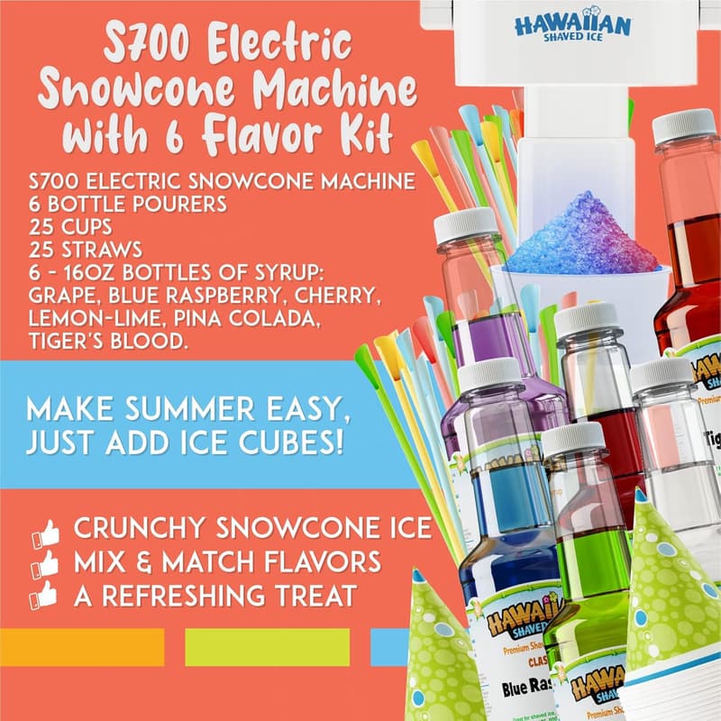 Hawaiian Shaved Ice Snow Cone Machine Kit with Syrups and Cups