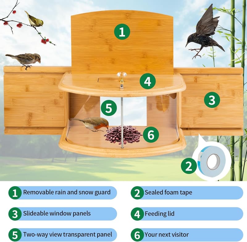 Clear View Indoor Bird Feeder - 180° Bamboo Design