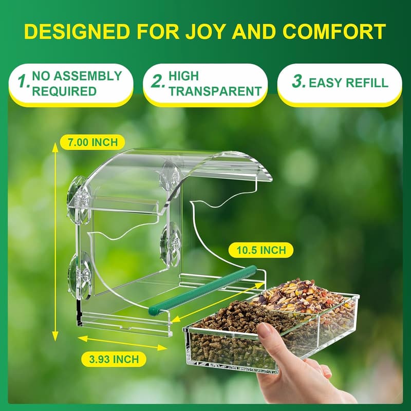Clear Acrylic Bird Feeder with Suction Cups and Detachable Tray