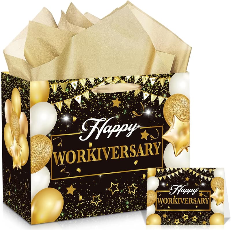 Work Anniversary Gift Bag with Tissue Paper - Black & Gold
