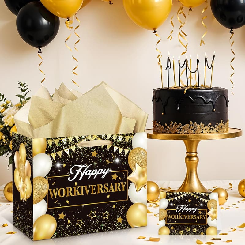 Work Anniversary Gift Bag with Tissue Paper - Black & Gold