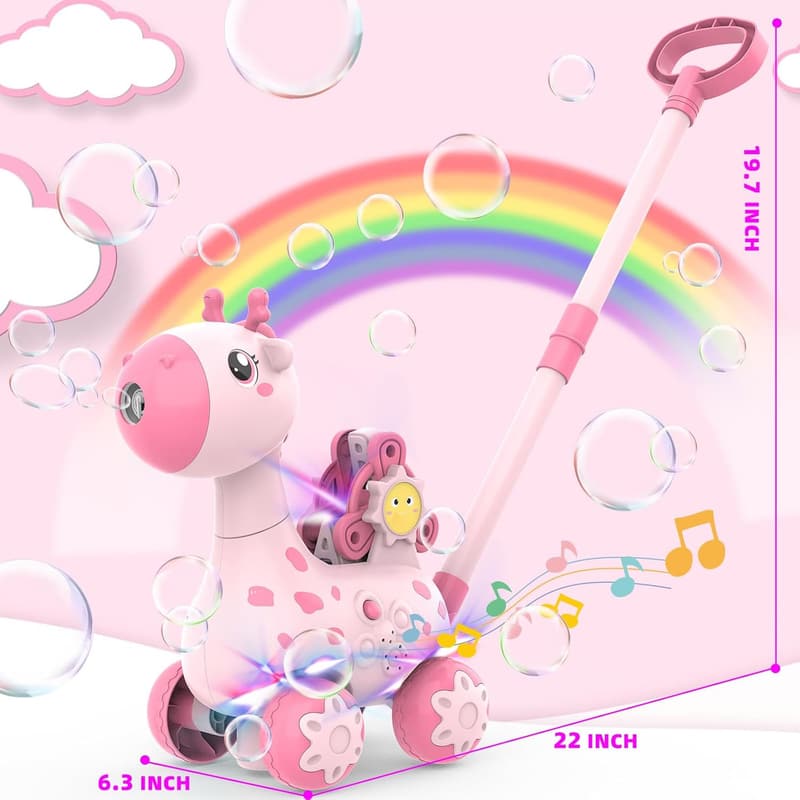 Pink Giraffe Bubble Mower Toy for Toddlers with Music & Lights