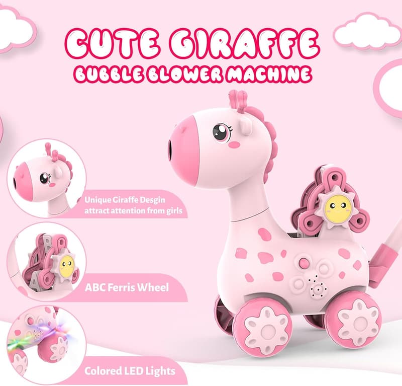 Pink Giraffe Bubble Mower Toy for Toddlers with Music & Lights