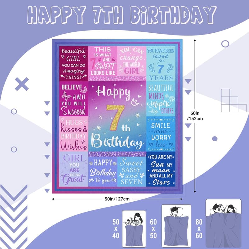 7th Birthday Fleece Blanket for Girls, 60