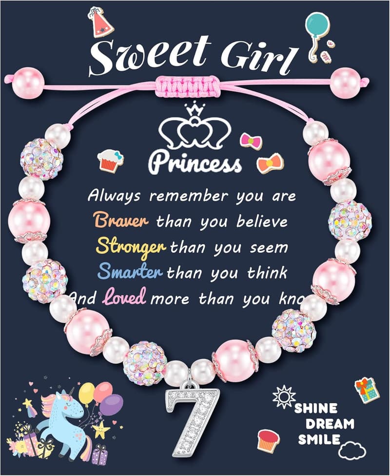 Pink Pearl Lucky Number Bracelet for Girls, Birthdays 4-13