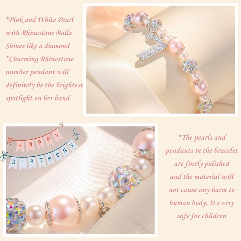 Pink Pearl Lucky Number Bracelet for Girls, Birthdays 4-13