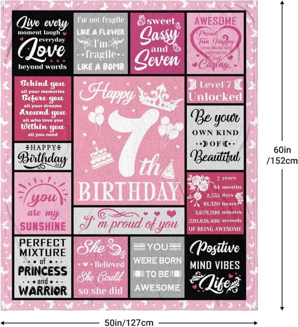 7th Birthday Blanket Gift for Girls - 60x50in