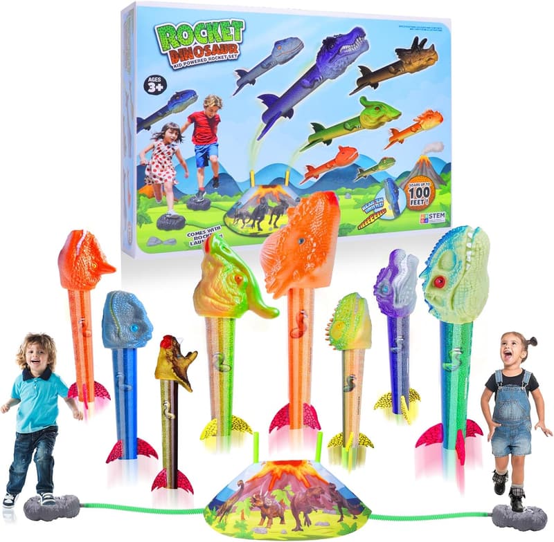 Dinosaur Rocket Launcher Set for Kids - Launch 100 Ft, 8 Rockets