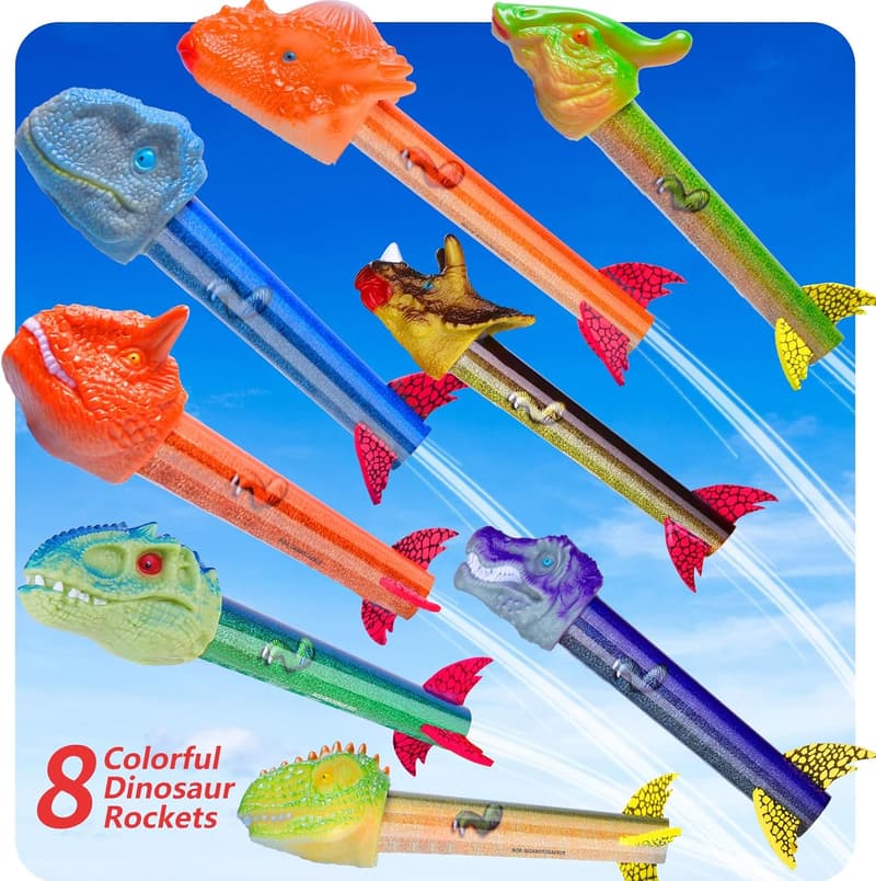 Dinosaur Rocket Launcher Set for Kids - Launch 100 Ft, 8 Rockets