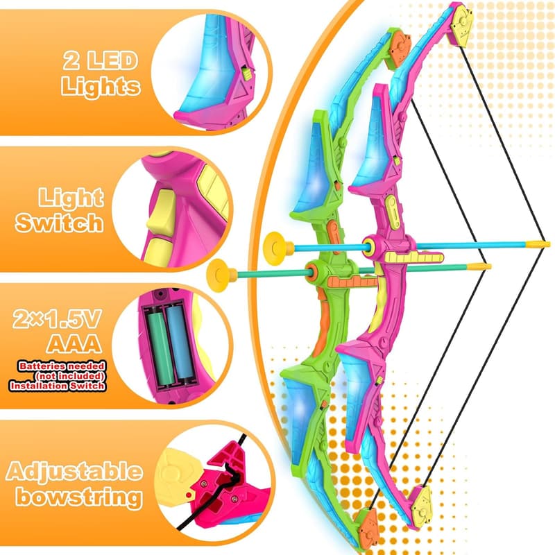 Kids Bow and Arrow Set with LED Lights - Indoor/Outdoor Toy for Ages 4-12