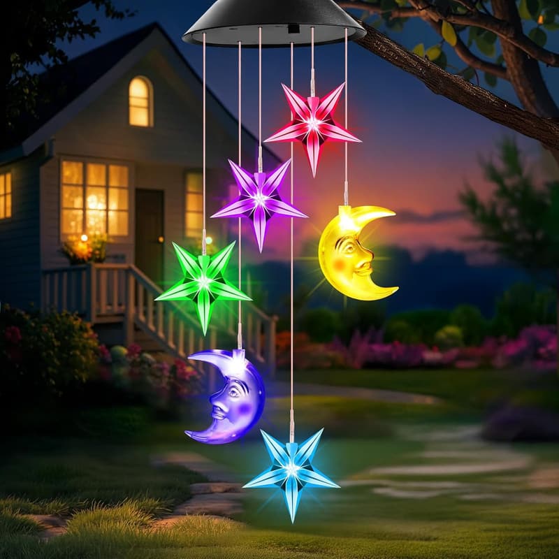 Moon and Star Solar Wind Chimes - Outdoor Decor for Her
