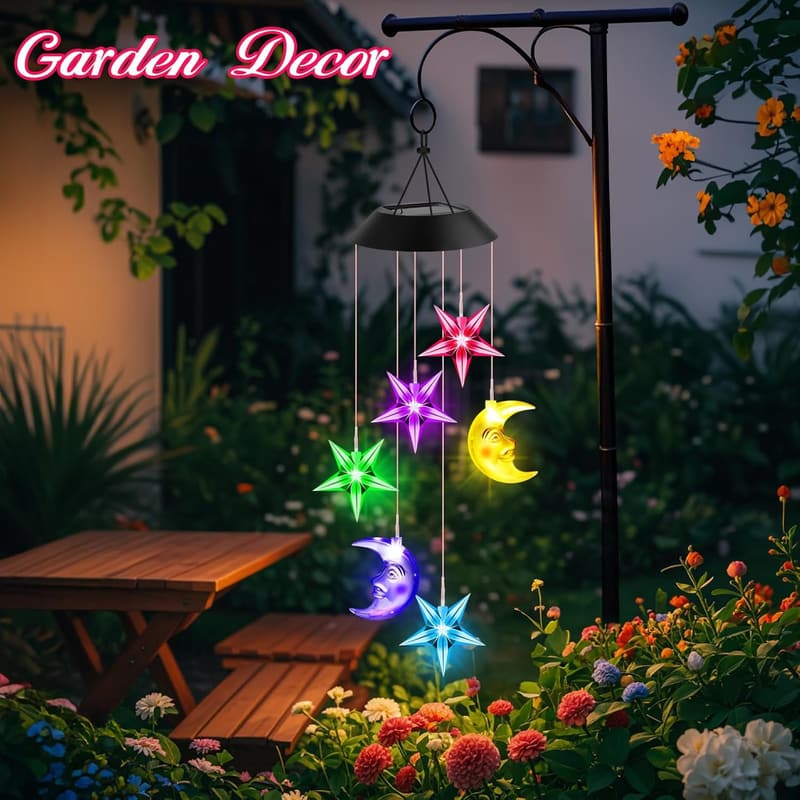 Moon and Star Solar Wind Chimes - Outdoor Decor for Her