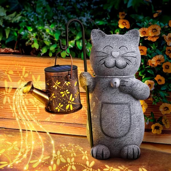 Solar Garden Cat Decor with Kettle Light for Women, Cat Lovers