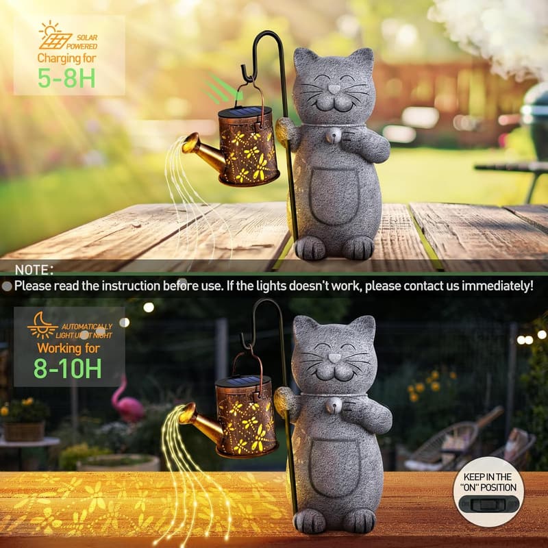 Solar Garden Cat Decor with Kettle Light for Women, Cat Lovers