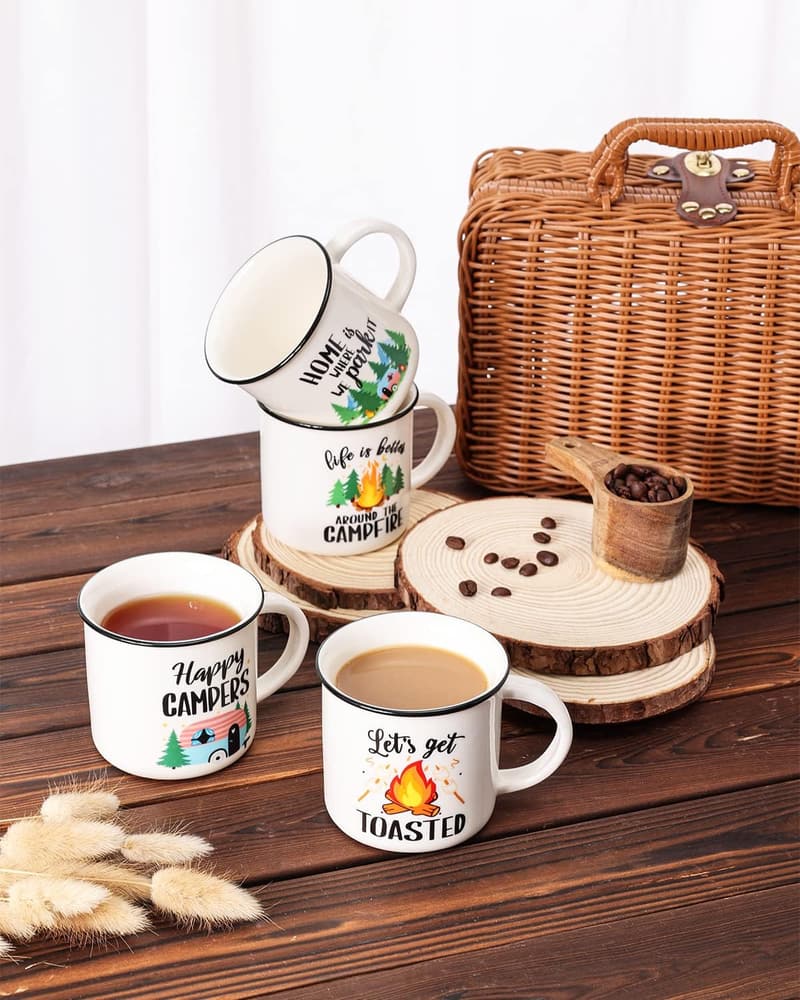 Camping Coffee Mug Set of 4 - Ceramic Tea Cups for Campers