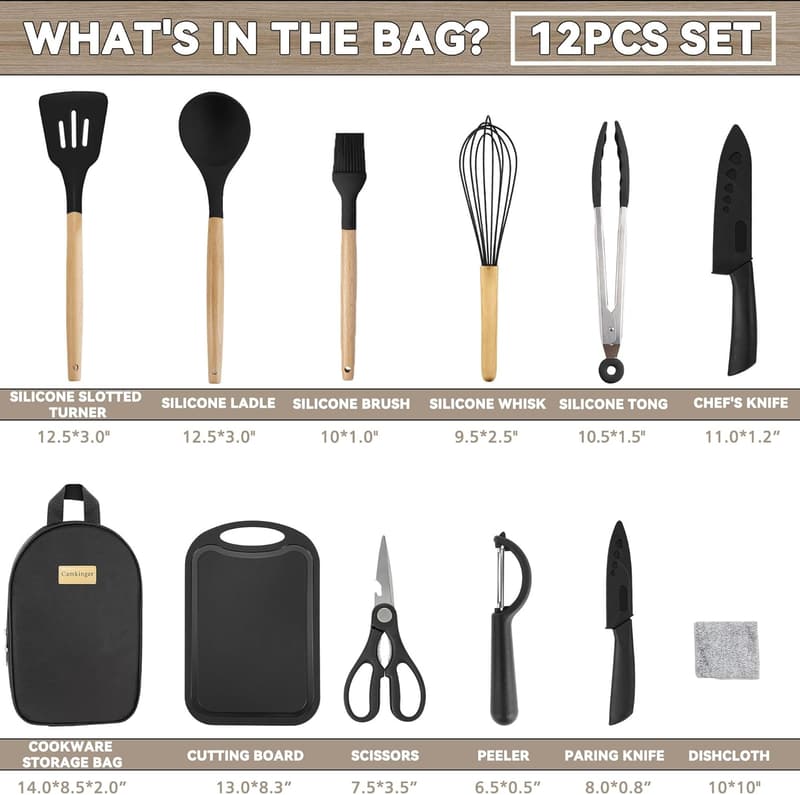 Portable Silicone Camping Cooking Utensils Set - 12 PCS