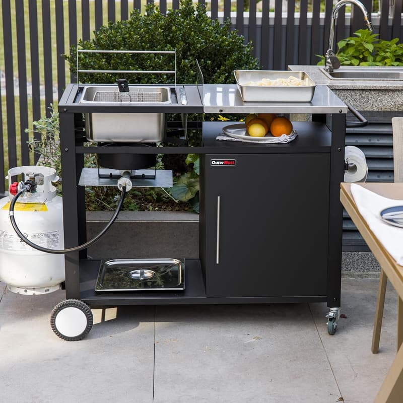 Movable Outdoor Grill Cart with Deep Fryer in Stainless Steel