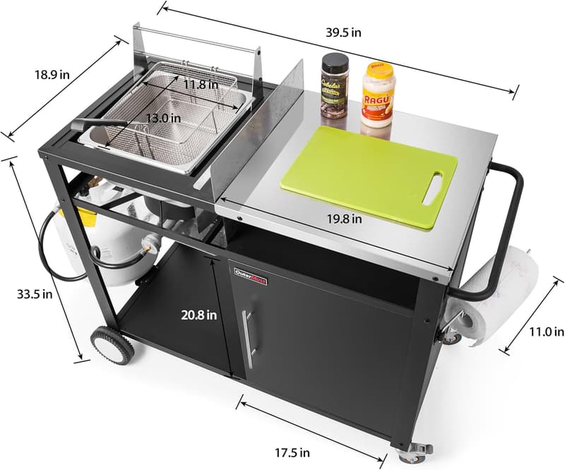 Movable Outdoor Grill Cart with Deep Fryer in Stainless Steel