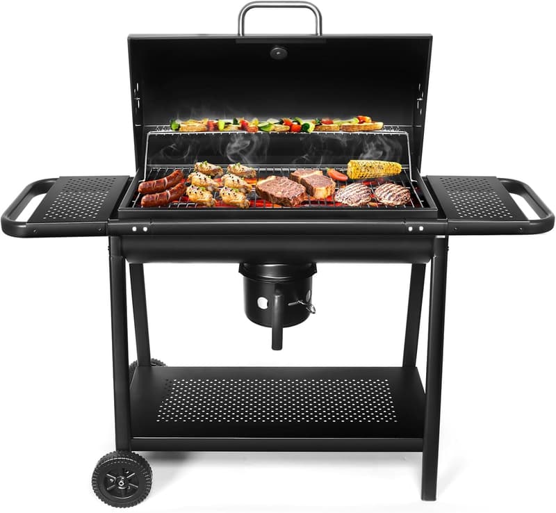 Spacious Outdoor Charcoal Grill with Side Tables for BBQs