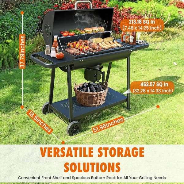 Spacious Outdoor Charcoal Grill with Side Tables for BBQs